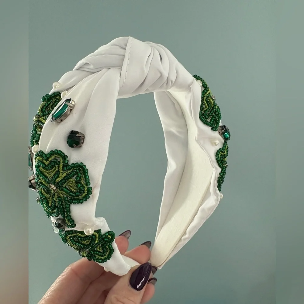 White and Green Shamrock EmbellishedTop Knot Headband
